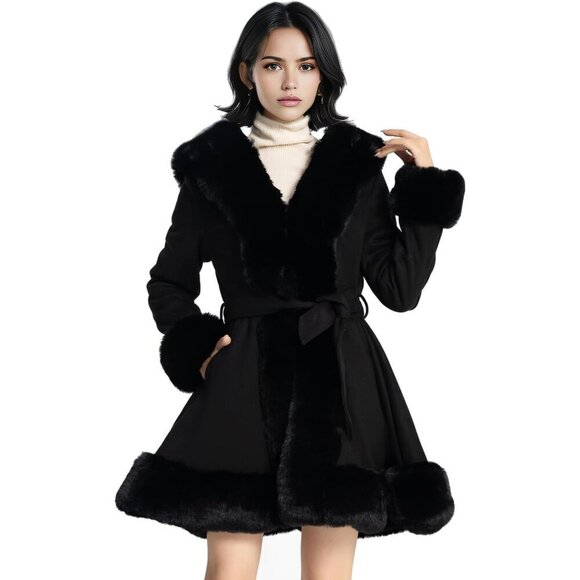 Jackets & Blazers - Women’s Black  Winter Faux Fur Leather Coat with Belt Long Sleeve Peplum